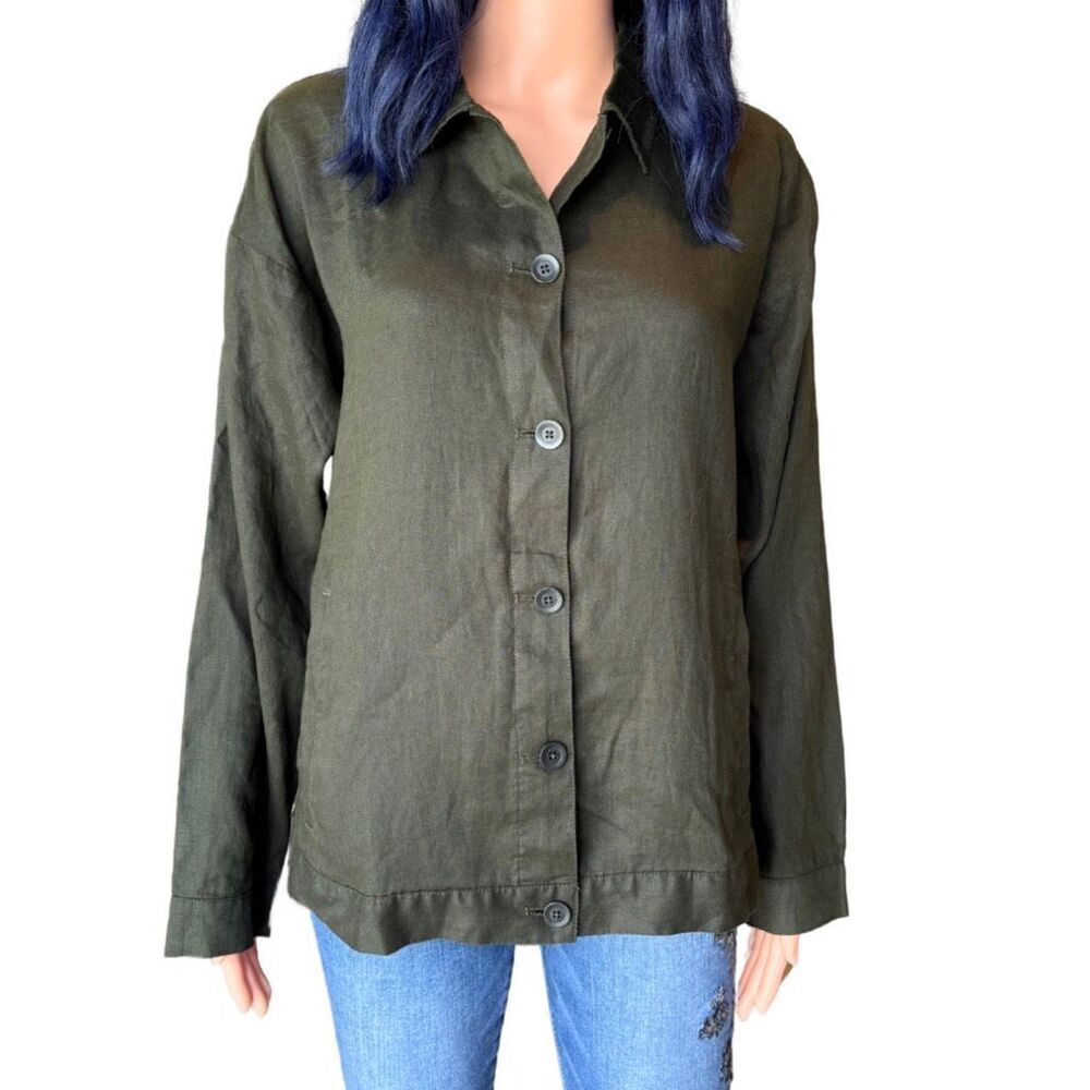 Eileen Fisher Olive Green Button-Down Linen Shirt